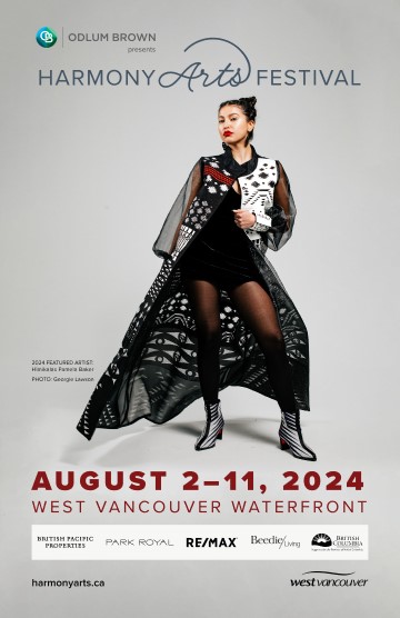 The image is a Harmony Arts Festival poster featuring the 2024 featured artist Himikalas Pamela Baker's creation being worn by a model. The poster includes event details and sponsors.