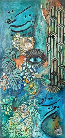 The image is a painting of a butterfly created by artist Malak Amirpour. The artwork features a modern and vibrant style with teal and turquoise colors. The tags associated with the image include drawing, painting, reef, art, fish, illustration, and artwork.