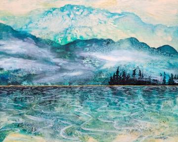 The image is a painting of a landscape featuring a body of water with trees and mountains in the background. The artwork was created by Amanda Wondergem.