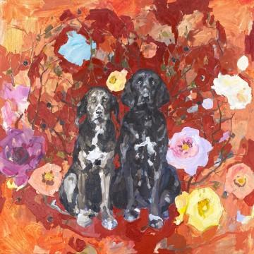 The image depicts a painting by Anouk Jonker showing a couple of dogs sitting on a rug. The artwork is created using acrylic paint and falls under the category of modern art.
