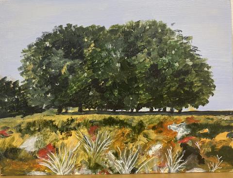  The image is a painting of a large tree in a swamp created by artist Carol Mayer. The artwork captures the natural landscape with the tree surrounded by grass and flowers in an outdoor setting.