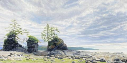 The image is a painting by Caroline Chao depicting a rocky area with trees. It features a landscape with trees, rocks, and a cloudy sky.