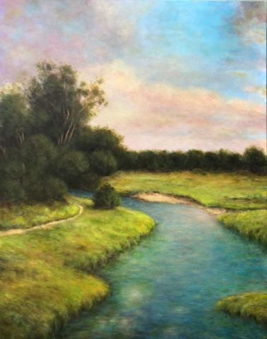 Scenic painting of a river in a grassy field by Catherine Janusz ART.