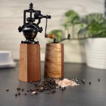 Rogue Wave Woodworks salt and pepper grinders made of wood. Antique style pepper mill. Made with maple, cherry and walnut. Wood is hand turned on the lathe.