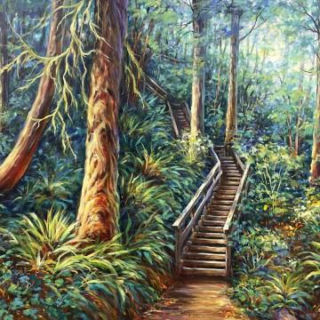 The image is a painting of a wooden bridge in a forest, created by artist Danyne Johnston. The artwork captures the beauty of nature with trees and vegetation surrounding the bridge.