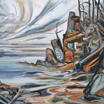 The image is a painting of a car created by artist Frank Pochyly. The painting is set at Tofino Beach.