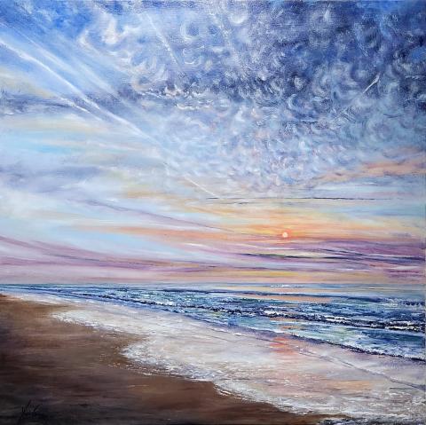 The image is a painting by Yuri Grier featuring a beach with clouds in the sky at sunset. It captures a serene seascape with waves crashing onto the shore.