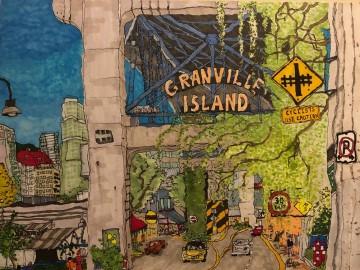 The image appears to be a map of Granville Island with the text "GRANVILLE ISLAND" and the number "39" included. It is likely a drawing or painting created by artist Ian Cunliffe.