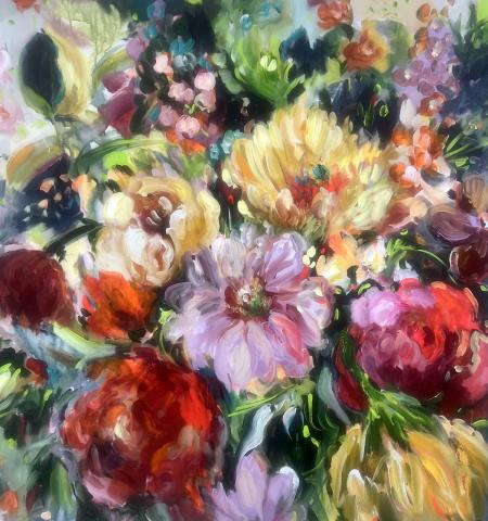 The image is a painting of a bouquet of colorful flowers created by artist Lauren Morris. The artwork falls into the category of still life and modern art, and it is painted using acrylic paint.