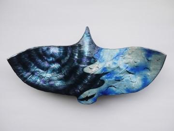 The image is a blue and black ceramic bowl with a butterfly design created by artist Jasonda Desmond.