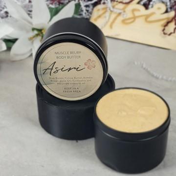 The content includes information about "Muscle Relief Body Butter" by Asiri Cosmetics, made with shea butter, Causa Bucist, and Korito, and a note to keep it in a fresh area. Tags include cosmetics, indoor, and powder.