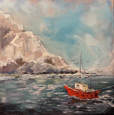 The image is a painting by artist Joe Ritchie featuring a boat on the water. It is a depiction of a watercraft in a serene outdoor setting, with the sky and sea in the background.