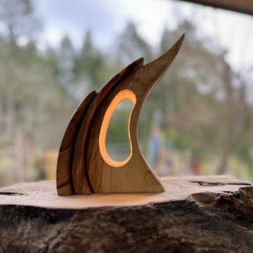 The image shows a lamp placed on a rock, with a background of sky and trees. It is part of Jorge Izaza Wood Lamps & Sculptures, specifically a lamp made of wood.