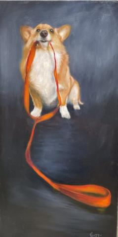 The image is a painting of a dog named Perry wearing a garment. The artwork is by Keith E Perry. Tags associated with the image include pet, animal, dog breed, painting, dog, mammal, and orange.