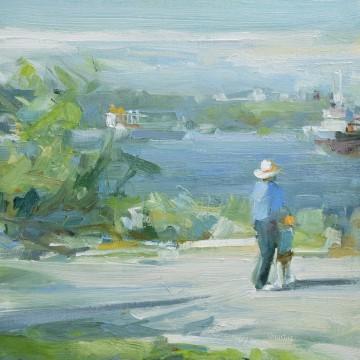 The image is a painting by Leanne M Christie showing a person and a child walking on a road with a city in the background. The artwork features a landscape with an outdoor scene.