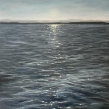 The image shows a body of water with light reflecting off of it, possibly a lake or ocean. It is a serene outdoor scene capturing the calmness of the water under a cloudy sky. The image is related to Linda Klippenstein's paintings