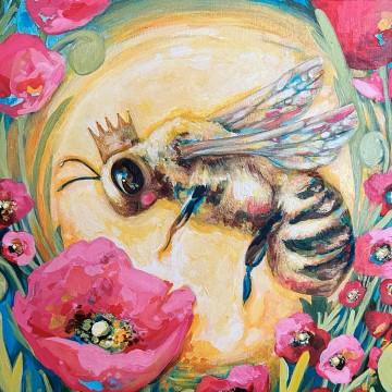 The image is a painting of a bird created by artist Lorraine Shulba. The artwork features a bird, flowers, and a bee, and is done using acrylic paint in a modern art style.