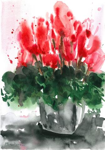 The image is a painting by M. Rahim121 depicting a vase with red flowers. The artwork is a watercolor sketch of a plant, showcasing the artist's child art style.