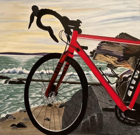 The image is of a bicycle with a red frame with the ocean on the background.