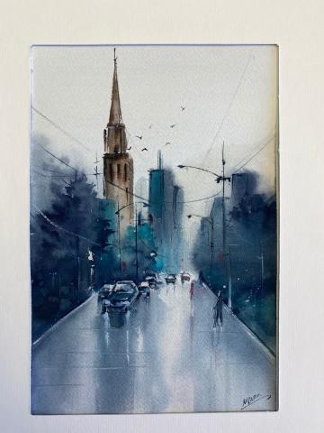 The image is a painting by artist Nazanin Sadeghi depicting a city street with cars and buildings under a sky.