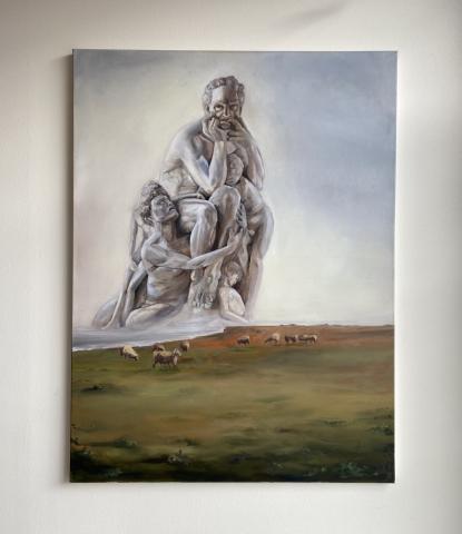 A painting by Nikkala Niro depicting a man and woman on a hill, inspired by the elegance of Greek statues.