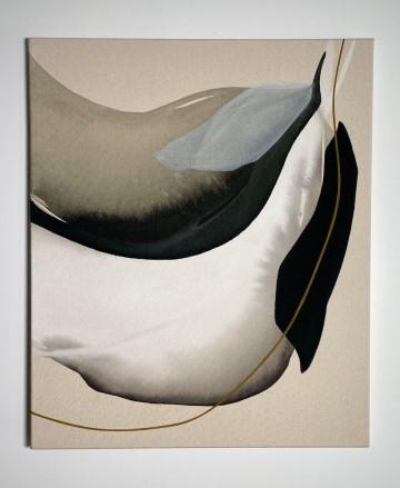 The image is a painting of a marine mammal, specifically a dolphin, depicted in black and white colors. It is created by the artist Rebecca Santry.
