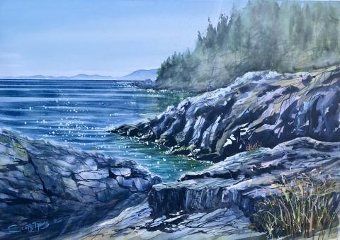 The image is a painting by artist Scott Pleydell-Pearce depicting a rocky beach with a large cliff. The artwork showcases a scenic landscape with a body of water, rocks, and a dramatic sky.