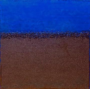 The image is a close-up of a blue abstract painting by artist Shakun Jhangiani.