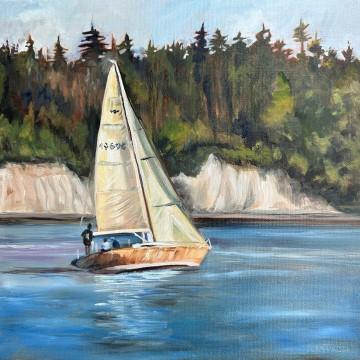 The image is of a sailboat in the water. It features a sailing vessel with a mast and sail, surrounded by a lake and trees in the background. The painting captures a serene boating scene under a clear sky. Created by Shirley Mckell.