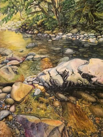 The image is a painting of a sunny outdoor landscape featuring a stream of water surrounded by rocks, plants, and trees. It is created by artist Sunny Cho.