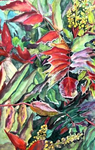 The image is a painting by Sonia Mocnik depicting a group of colorful leaves.