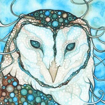 The image is a close-up of an owl painting by Tamara Phillips Art.