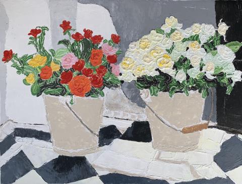 The image is a painting of a floral design featuring a bouquet of cut flowers arranged in a vase. It falls under the categories of floristry, flower arranging, still life, and art. The artist behind this piece is Tanya Vipond.