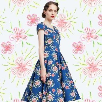 The image features a person wearing a dress with a sweven print design. The dress has a floral pattern, and the person is standing outdoors. The focus is on the clothing and fashion design.