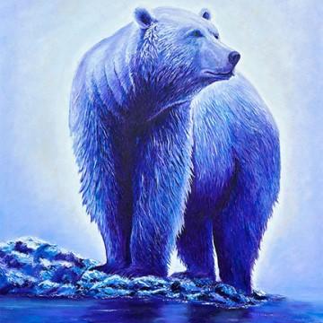The image is a painting of a bear standing on ice. It features a brown bear in an outdoor setting, possibly resembling a grizzly, kodiak, black, or polar bear. The painting is by Graham.