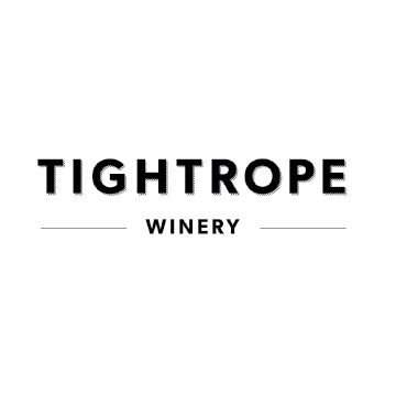 The image is a logo for Tightrope Winery. It features the text "TIGHTROPE WINERY" in a black and white color scheme with a focus on typography and graphic design.
