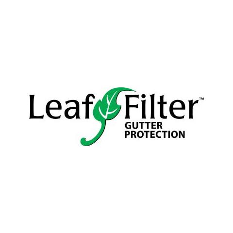 The image is a logo for a company named "Leaf Filter" with the tagline "Gutter Protection." It includes text and graphics related to the company's services.